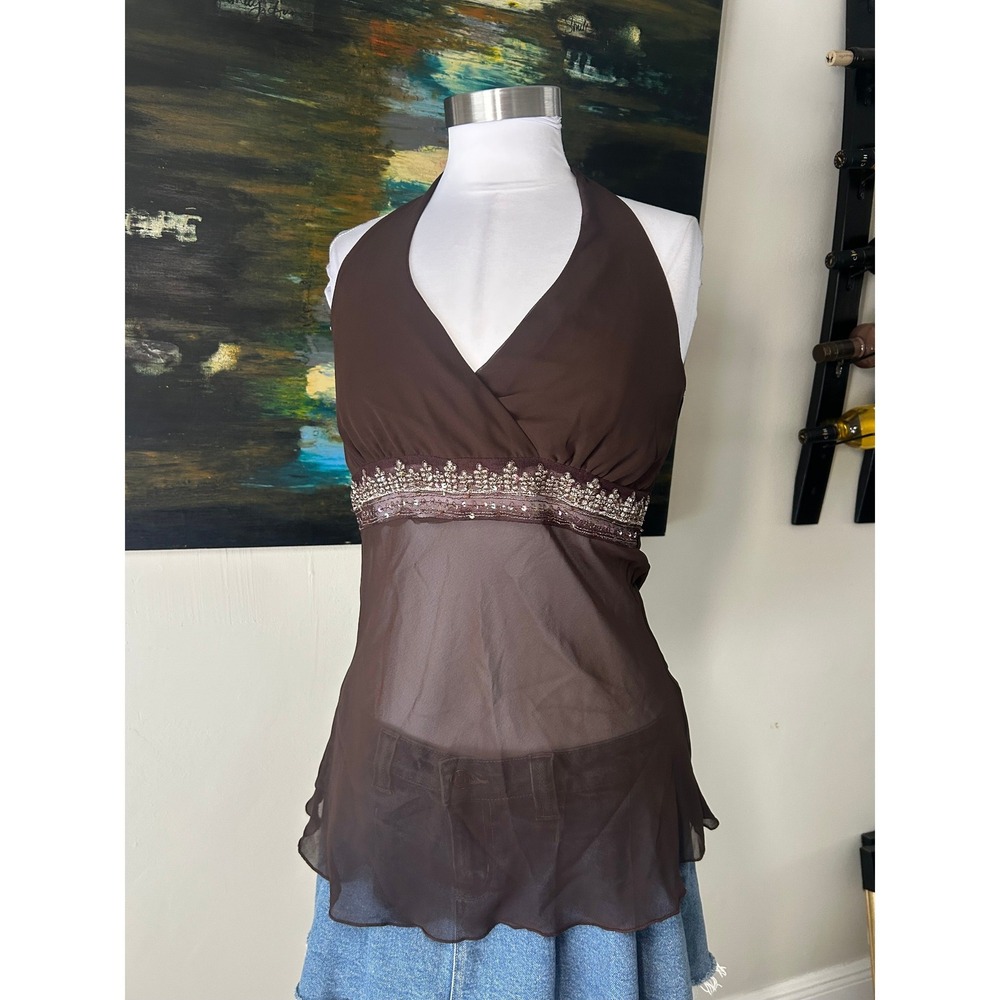 Brown Beaded Sheer Y2K Rag Halter Top Small Vintage 2000s Open Back